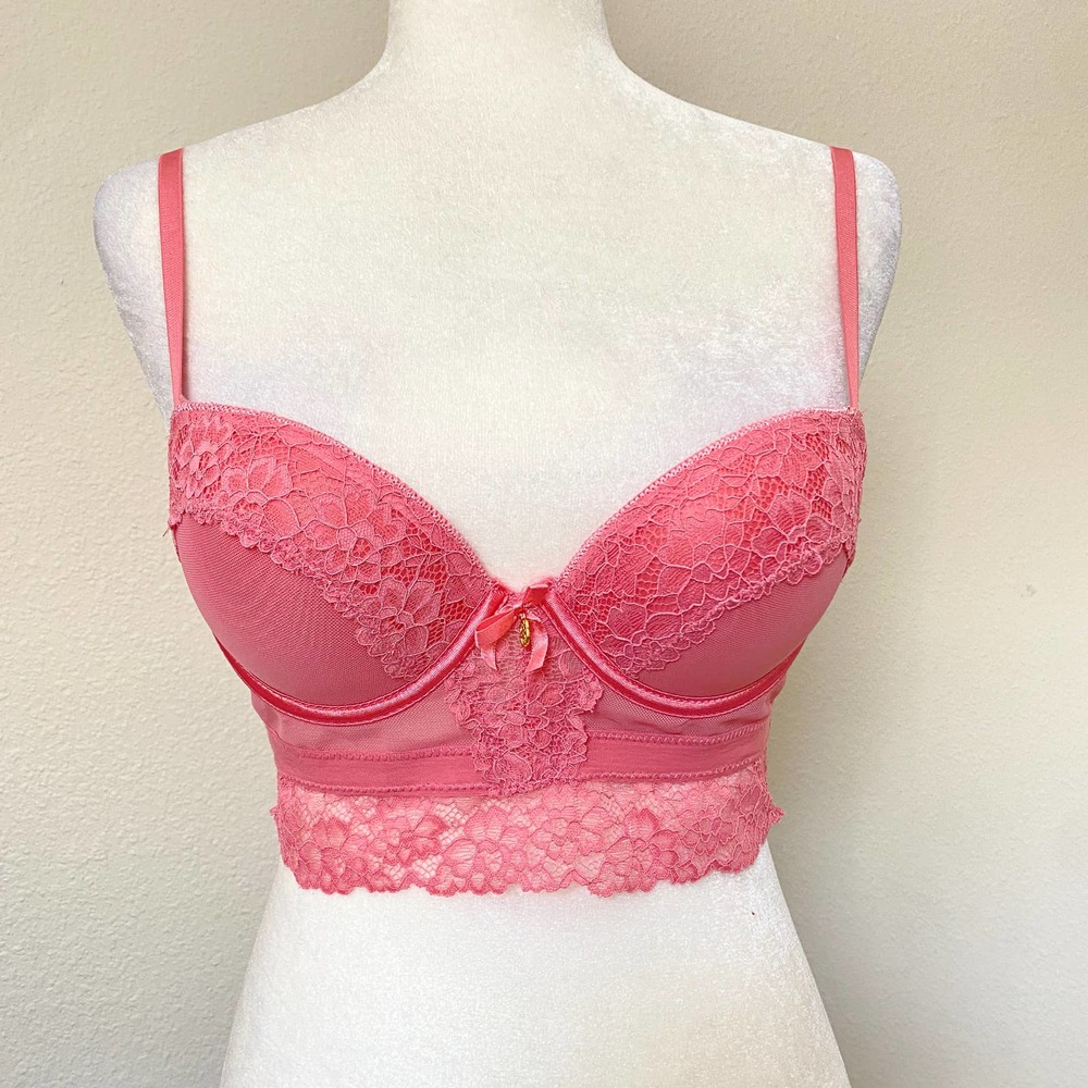 Daisy Fuentes long line push up bra lace trim padded pink 5 clasp size 36B